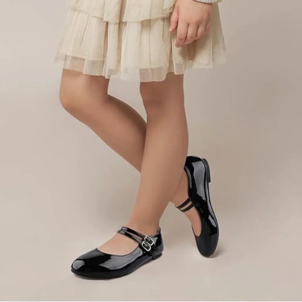 Girls Size 3 Black Patent Mary Jane Double Strap Dress Shoes